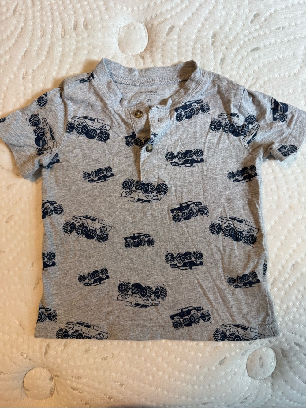 Toddler Grey Short-Sleeve Henley Tee with Navy Truck Print